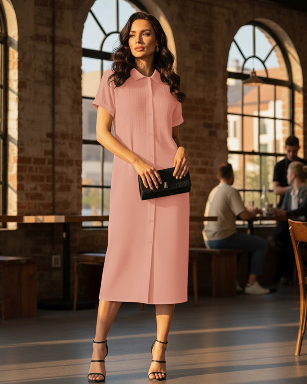 Woman in a pink dress holding a black clutch in a restaurant setting