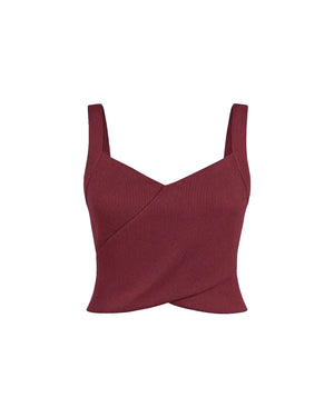 Red ribbed tank top with a draped front design on a white background