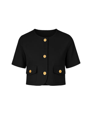 Black cropped jacket with gold buttons on a white background
