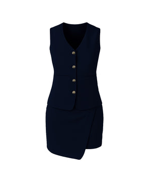 Navy blue dress with buttons on a white background