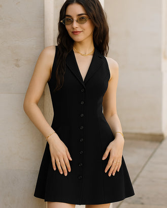Woman wearing a black sleeveless dress against a beige wall.