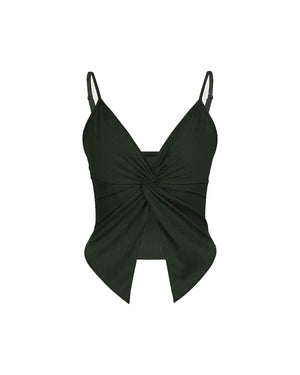Green swimsuit top with a knot detail on a white background