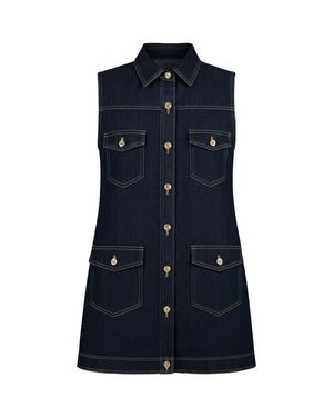 Black denim vest with button details on a white background