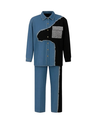 Two-tone shirt and pants set with blue and black design on a white background