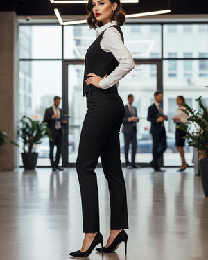 Woman in a black vest and pants standing in an office setting with blurred background