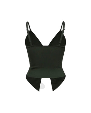 Black ribbed tank top with thin straps on a white background