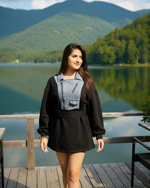 Woman standing on a wooden dock by a lake with mountains in the background