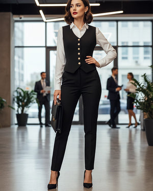 Woman in a professional black suit standing in an office setting with blurred background