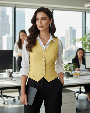 Woman in a yellow vest standing in an office with colleagues in the background