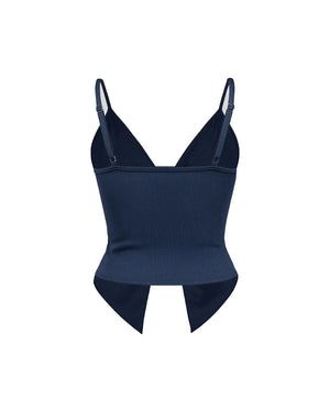 Navy blue swimsuit with thin straps on a white background