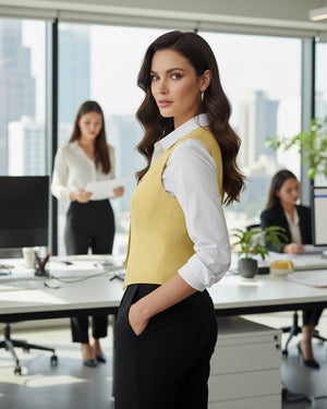 Woman in a yellow vest and white shirt standing in an office with colleagues in the background.