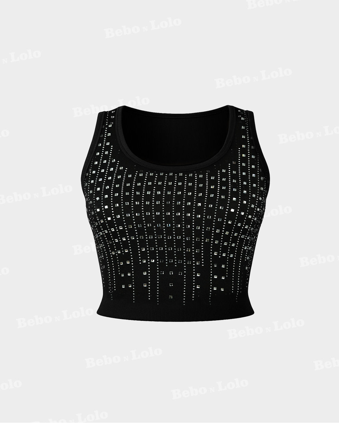 Black crop top with geometric pattern on a white background