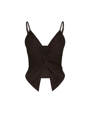 Black swimsuit top with a knot detail on a white background