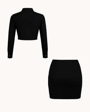 Black long-sleeve top and black skirt on a white background