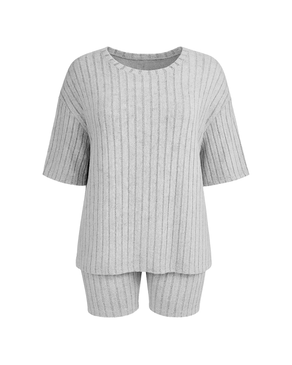 Gray ribbed top and shorts set on a white background