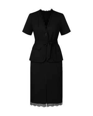 Black suit with a jacket and skirt on a white background