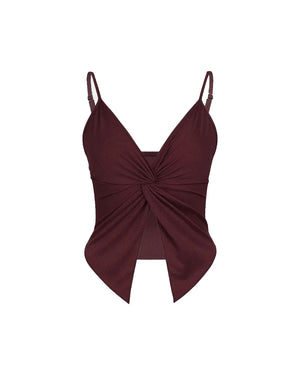 Maroon swimsuit top with a knot detail on a white background