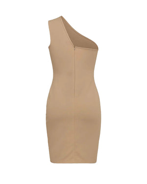 Beige one-shoulder dress on a white background