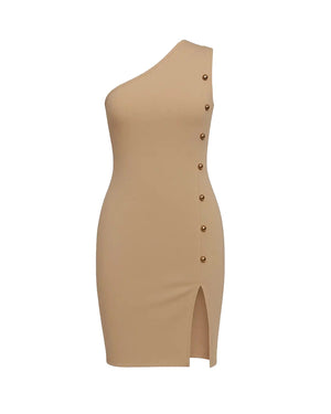 Beige one-shoulder dress with button details on a white background