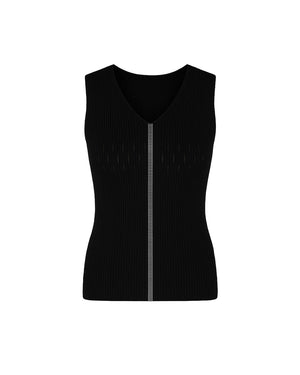 Black sleeveless top with a zipper on a white background