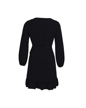 Black dress with a ruffled hem on a white background