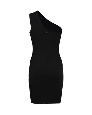 Black one-shoulder dress on a white background