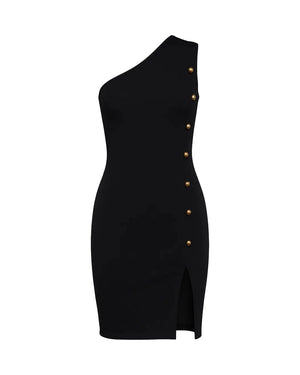 Black one-shoulder dress with gold buttons on a white background