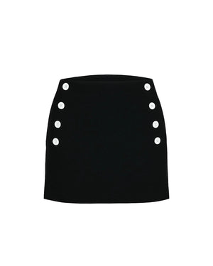 Black mini skirt with button details on a white background