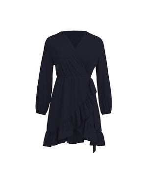 Navy blue wrap dress on a white background
