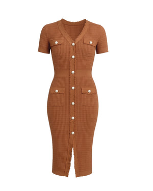 Brown checkered dress with buttons on a white background