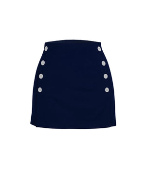 Navy blue skirt with white button details on a white background
