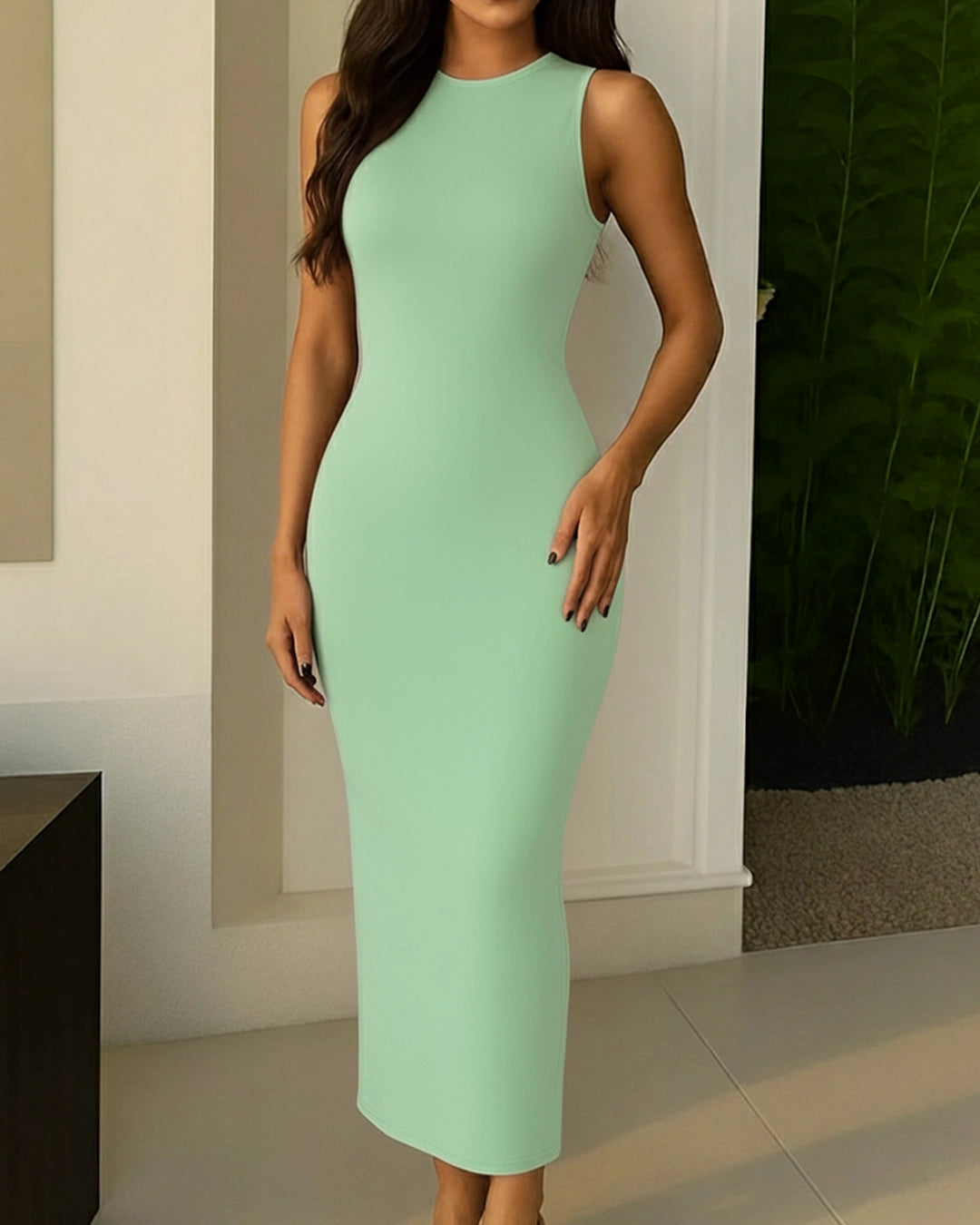 Woman wearing a light green dress indoors with a neutral background