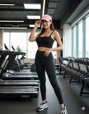 Woman in black athletic wear and pink cap posing in a gym.