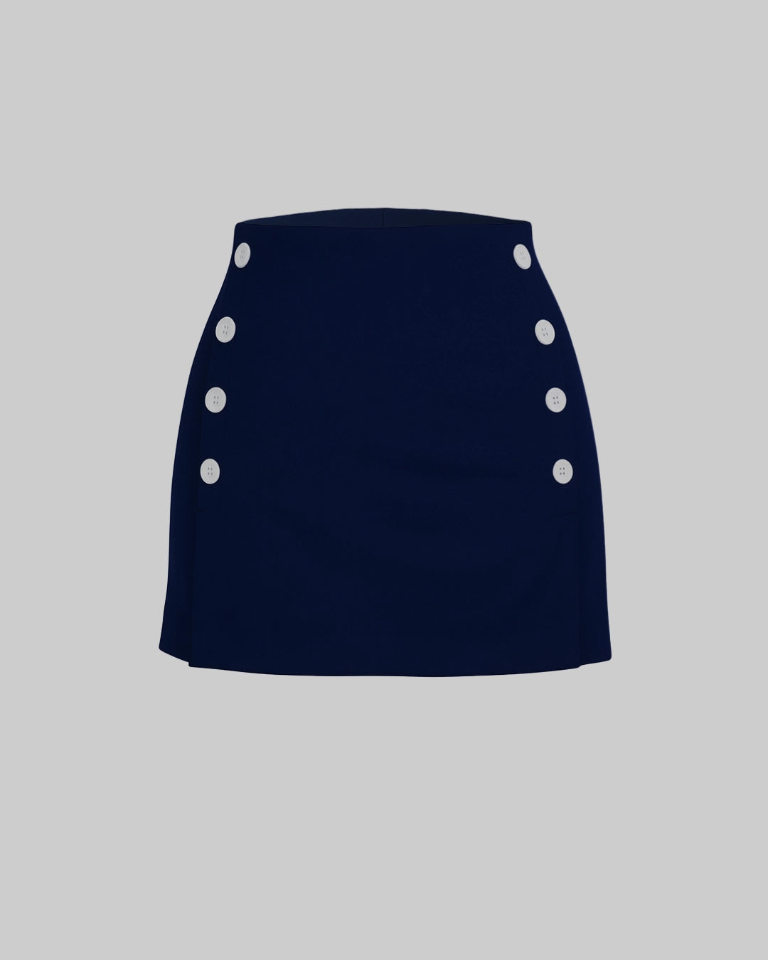 Navy blue skirt with white button details on a light gray background