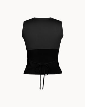 Black sleeveless top with a peplum waist on a white background