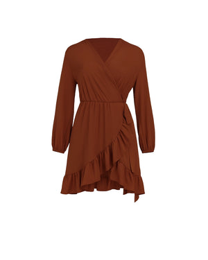 Brown dress with ruffled skirt on a white background