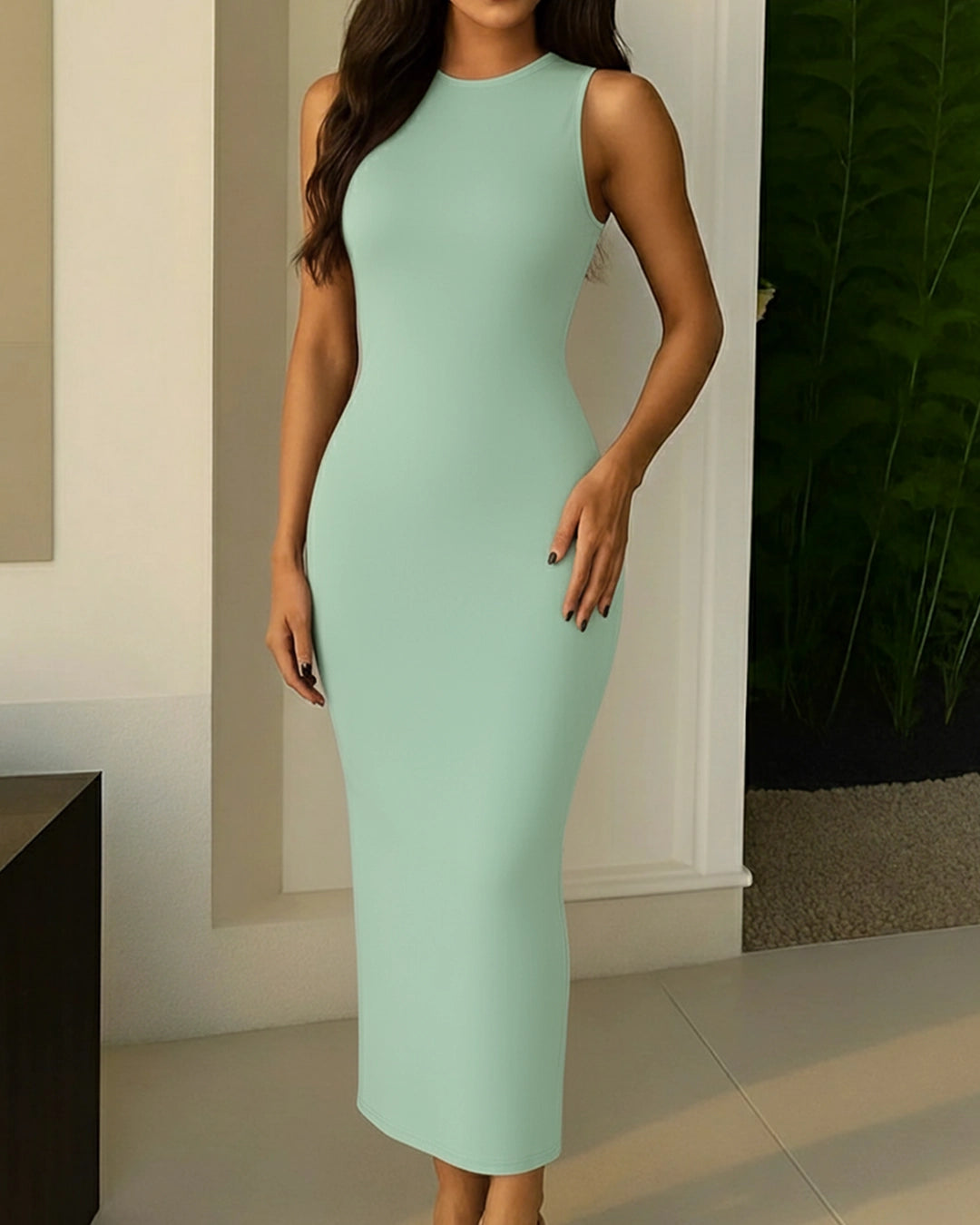 Woman wearing a light green dress indoors with a neutral background