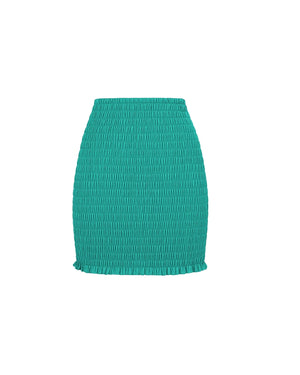 Teal ribbed knit skirt on a white background
