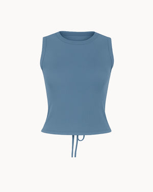 Blue sleeveless top on a white background