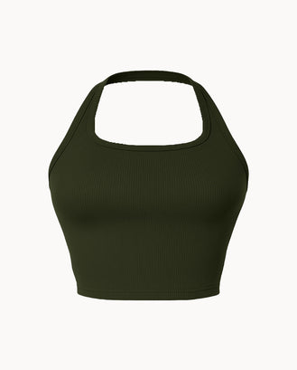 Olive Active Ribbed Halter Crop Top