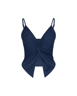 Navy blue swimsuit with a knot detail on a white background