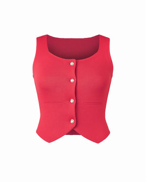 Red vest with button details on a white background