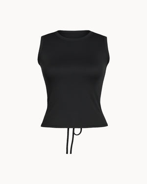 Black sleeveless top with a drawstring on a white background