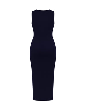 Black sleeveless dress on a white background
