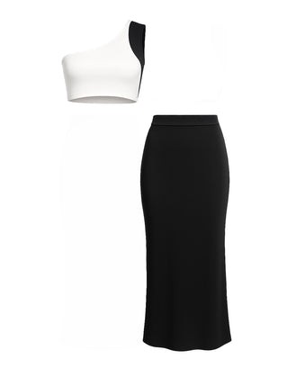 White one-shoulder top and black pencil skirt on a white background