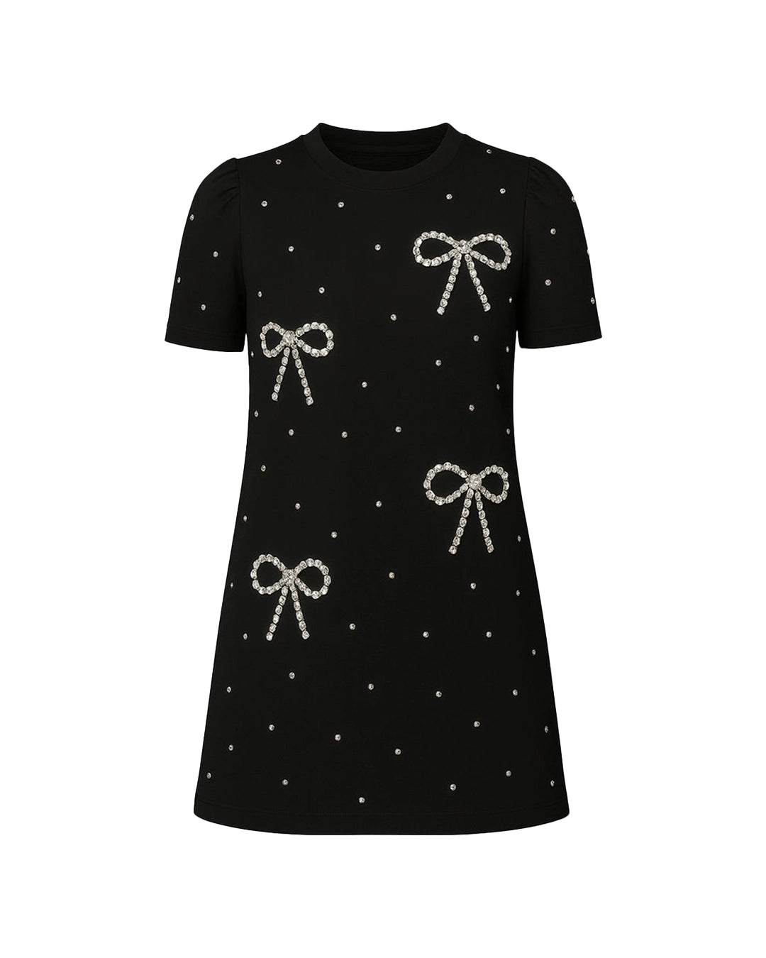 Black dress with silver bow patterns on a white background