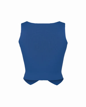 Blue sleeveless top on a white background