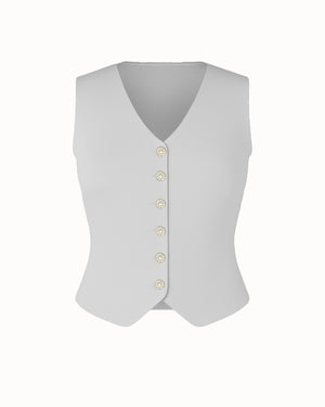 Light gray vest with button details on a white background