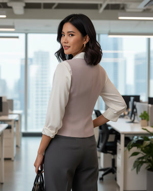 Woman in a professional setting wearing a white blouse and gray pants.