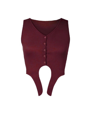 Maroon ribbed tank top with buttons on a white background